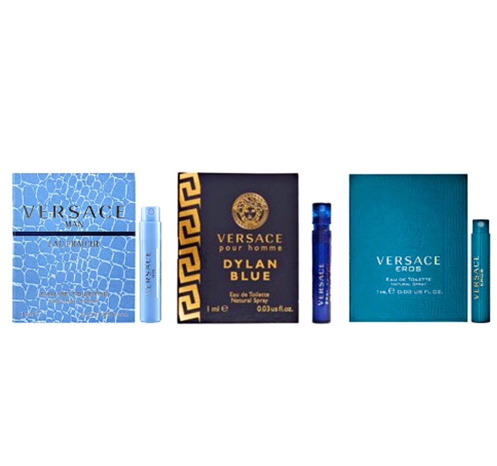 Versace Cologne for Men Set of 4 Mini Eros, Pour Homme, Dylan Blue, Eau Fraiche Perfume for Men Fragrance Sampler Set - Designer Mens Cologne Samples (4 Count, 0.17 oz)