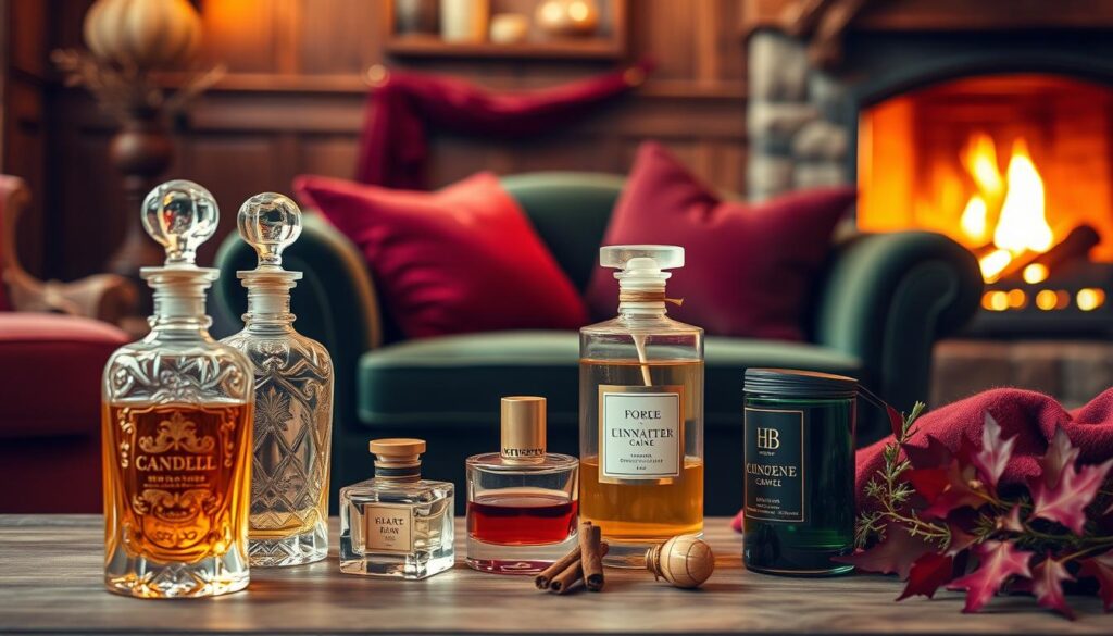 A cozy autumnal scene showcasing a luxurious fragrance collection. In the foreground, an arrangement of exquisite glass bottles, their intricate designs and jewel-toned hues catching the warm light. Subtle hints of cinnamon, clove, and vanilla linger in the air. In the middle ground, a plush velvet settee invites the viewer to linger, surrounded by plush textiles in rich burgundy and forest green. The background depicts a tranquil, rustic interior, with wooden paneling and crackling fireplace casting a soft, golden glow. Hints of foliage, perhaps dried leaves or sprigs of evergreen, add a touch of nature's bounty. The overall mood is one of refined elegance and comforting autumnal ambiance.
