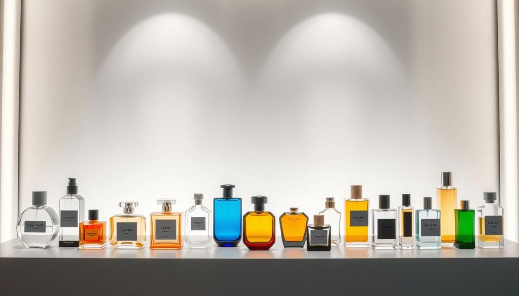 A sleek and modern display of emerging fragrance brands in 2025. In the foreground, an array of distinctive bottle designs in a range of unique shapes and colors, each representing a new and innovative fragrance house. The middle ground features a clean, minimalist backdrop, allowing the products to take center stage. Soft, directional lighting casts subtle shadows, creating depth and dimension. In the background, a subtle gradient of muted hues evokes a sense of sophistication and exclusivity, hinting at the aspirational nature of these up-and-coming fragrance labels. An overall atmosphere of refined elegance and growing industry influence.