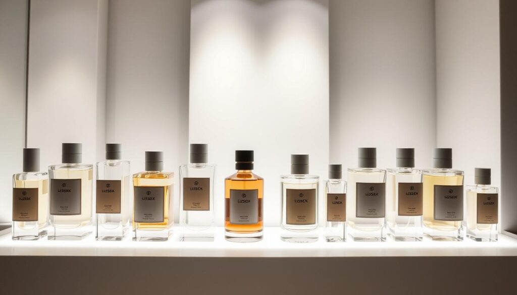 A sleek, modern fragrance display showcasing a range of unisex scents for 2025. The foreground features minimalist glass bottles with clean, minimalist labels in muted tones. Soft, indirect lighting illuminates the display, creating a serene, inviting atmosphere. The background is a simple, contemporary backdrop, perhaps a white wall or a subtle geometric pattern, allowing the fragrances to take center stage. The overall impression is one of refined elegance, hinting at the breakthrough unisex fragrances that will captivate the senses in the year ahead.