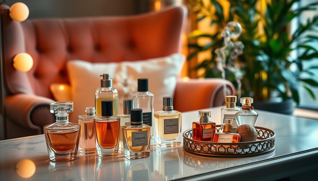 Romantic Date Night Perfumes: A softly lit vanity table displays an array of elegant glass bottles, their inviting scents wafting through the air. In the foreground, a pair of tasteful perfume atomizers and a small decorative tray hold an assortment of premium fragrances. Warm ambient lighting casts a romantic glow, while a plush velvet armchair and lush greenery in the background suggest a cozy, intimate setting. The composition evokes a sense of luxurious indulgence and anticipation, perfect for capturing the essence of date night and special occasion fragrances.