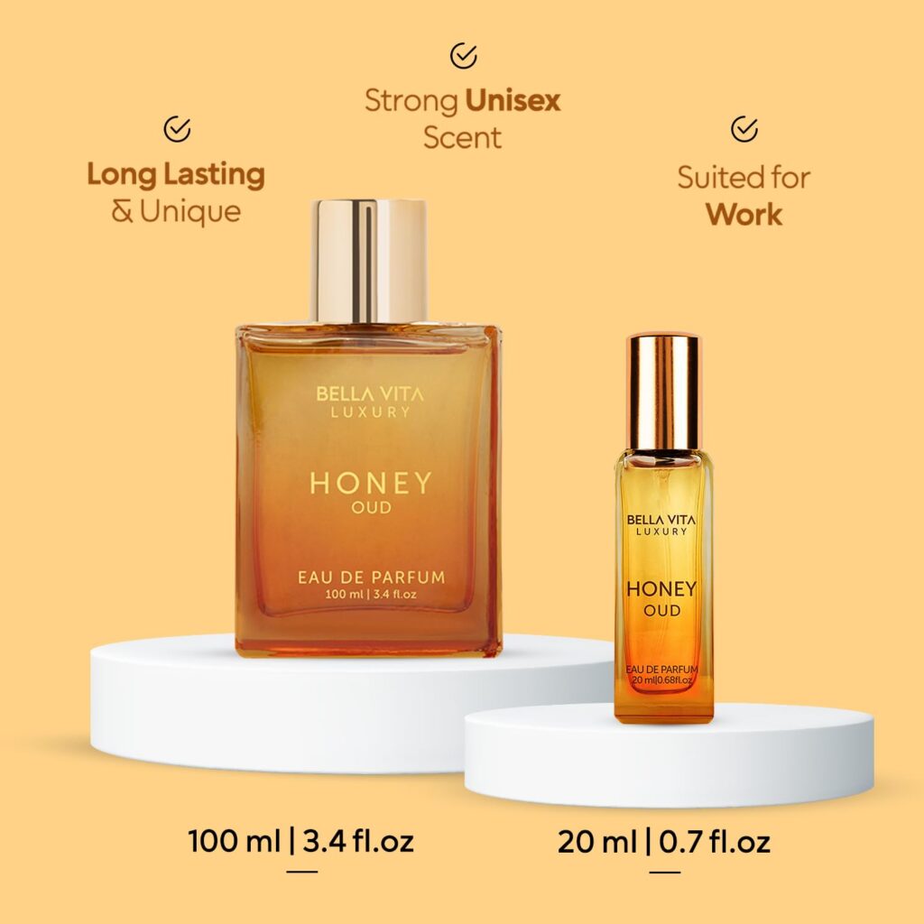 BellaVita Honey OUD Perfume for Women  Men 100ml  20ml | Vanilla, Bergamot  Patchouli Notes | Long-Lasting Arabian Unisex Perfumes for Women  Men | Floral  Spicy Cologne Honey Perfume