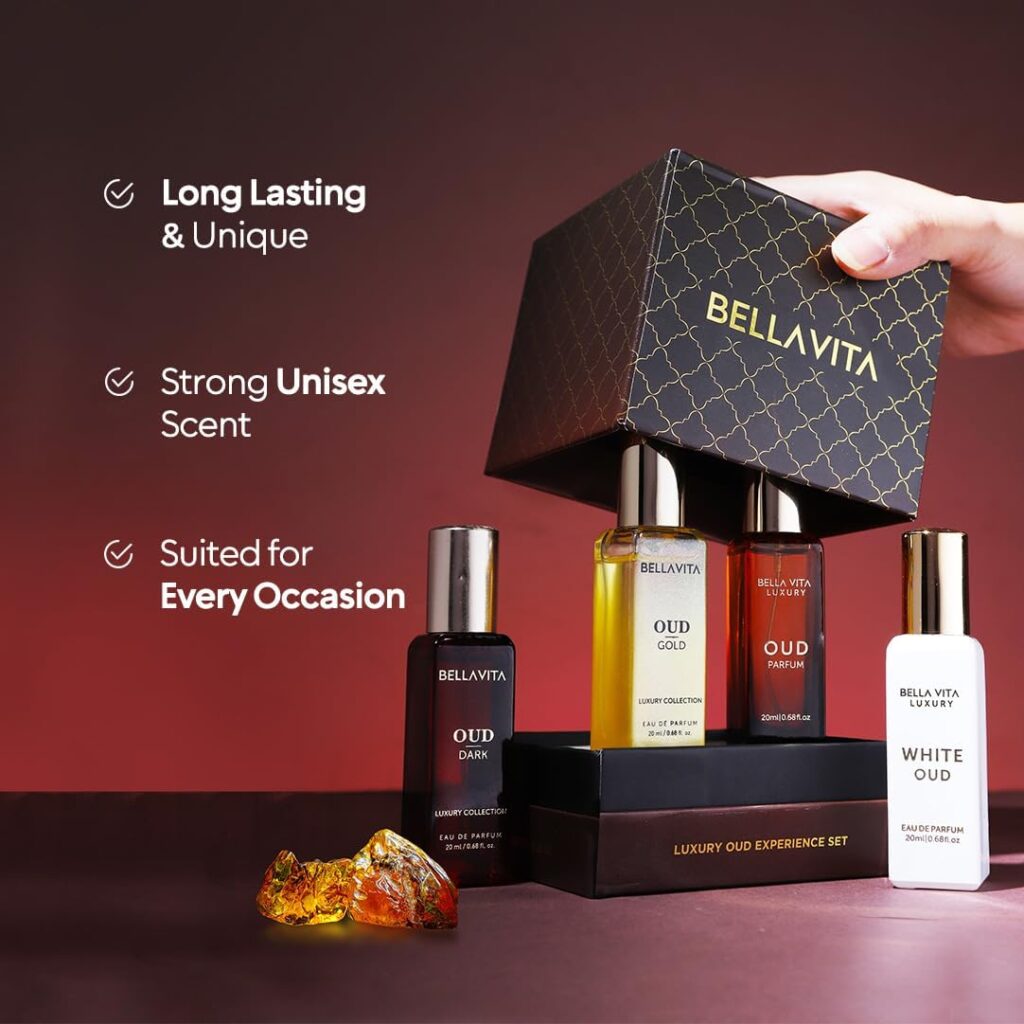 BellaVita Luxury OUD Experience Gift Set (4x20ml) | Premium Unisex Arabic Perfumes | Includes Gold, Dark, White  Classic OUD | Notes of Caramel, Orris, Vetiver  Citrus | Exotic Fragrance Gift