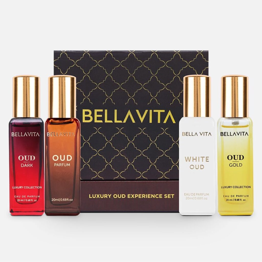 BellaVita Luxury OUD Experience Gift Set (4x20ml) | Premium Unisex Arabic Perfumes | Includes Gold, Dark, White  Classic OUD | Notes of Caramel, Orris, Vetiver  Citrus | Exotic Fragrance Gift