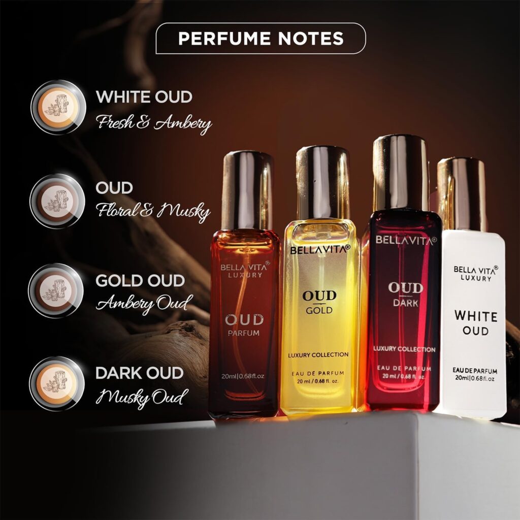BellaVita Luxury OUD Experience Gift Set (4x20ml) | Premium Unisex Arabic Perfumes | Includes Gold, Dark, White  Classic OUD | Notes of Caramel, Orris, Vetiver  Citrus | Exotic Fragrance Gift