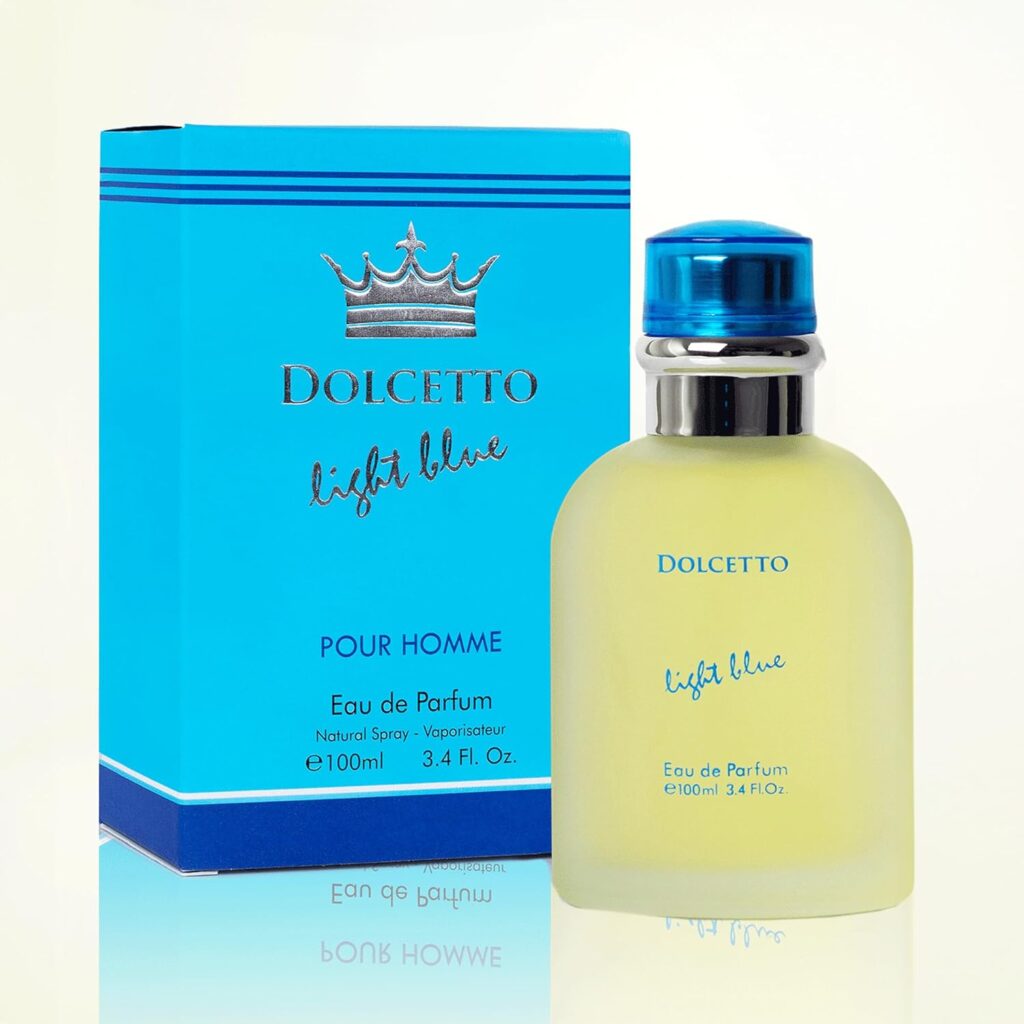 NovoGlow Dolcetto Light Blue Eau De Parfum for Men 3.4 Fl. Oz. 100ml Refreshing Combination of Woody Floral  Aquatic Fragrance - Scent Lasts All Day A Gift for Any Occasion