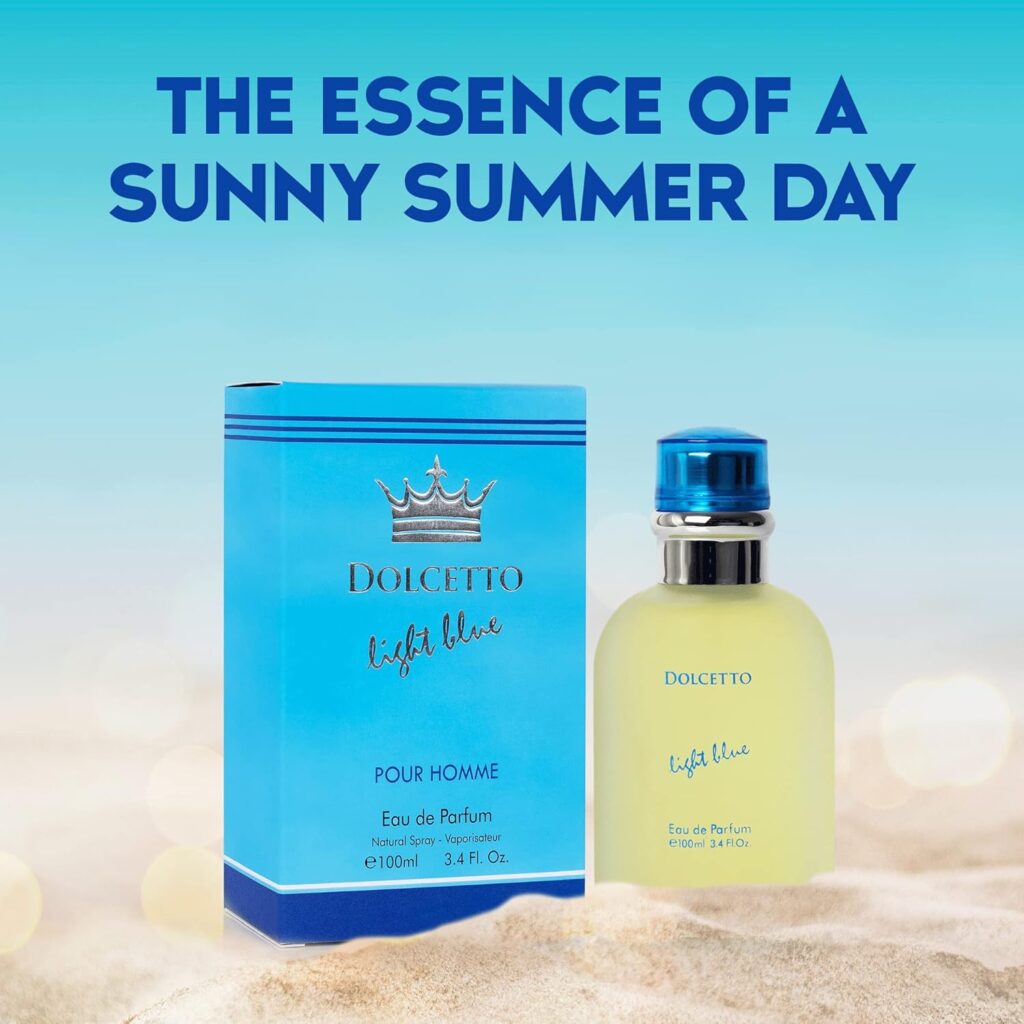 NovoGlow Dolcetto Light Blue Eau De Parfum for Men 3.4 Fl. Oz. 100ml Refreshing Combination of Woody Floral  Aquatic Fragrance - Scent Lasts All Day A Gift for Any Occasion