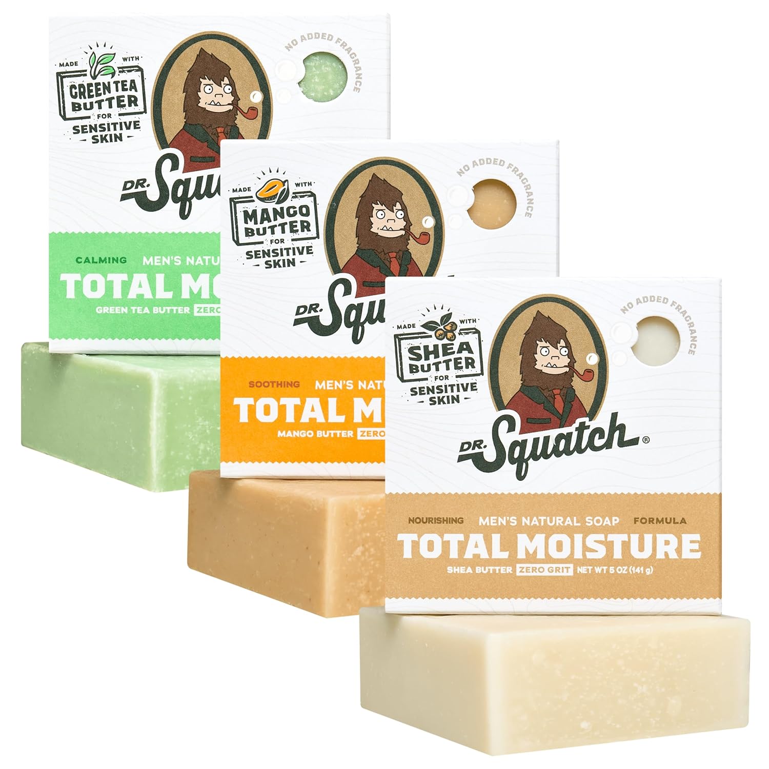 Dr. Squatch NEW Total Moisture Bar Soap for Men - No Added Fragrance Formulated for Sensitive Skin - Shea Butter, Mango Butter  Green Tea Butter (5 oz, 3-pack)