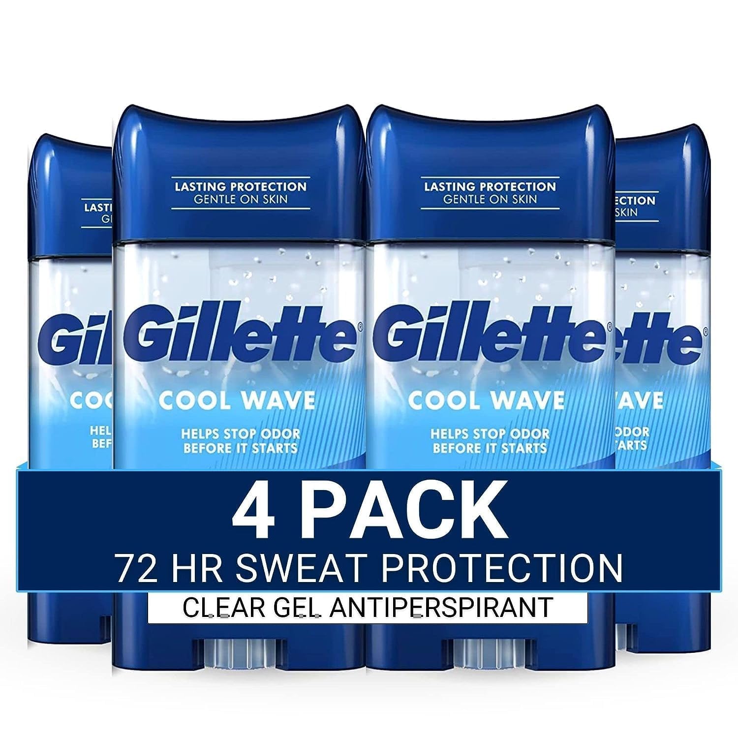 Gillette Antiperspirant and Deodorant for Men, 72hr Sweat  Odor Protection, Long Lasting Freshness, Anti-White Mark Technology, Clear Gel, Cool Wave Scent, 3.8 oz (Pack of 4)