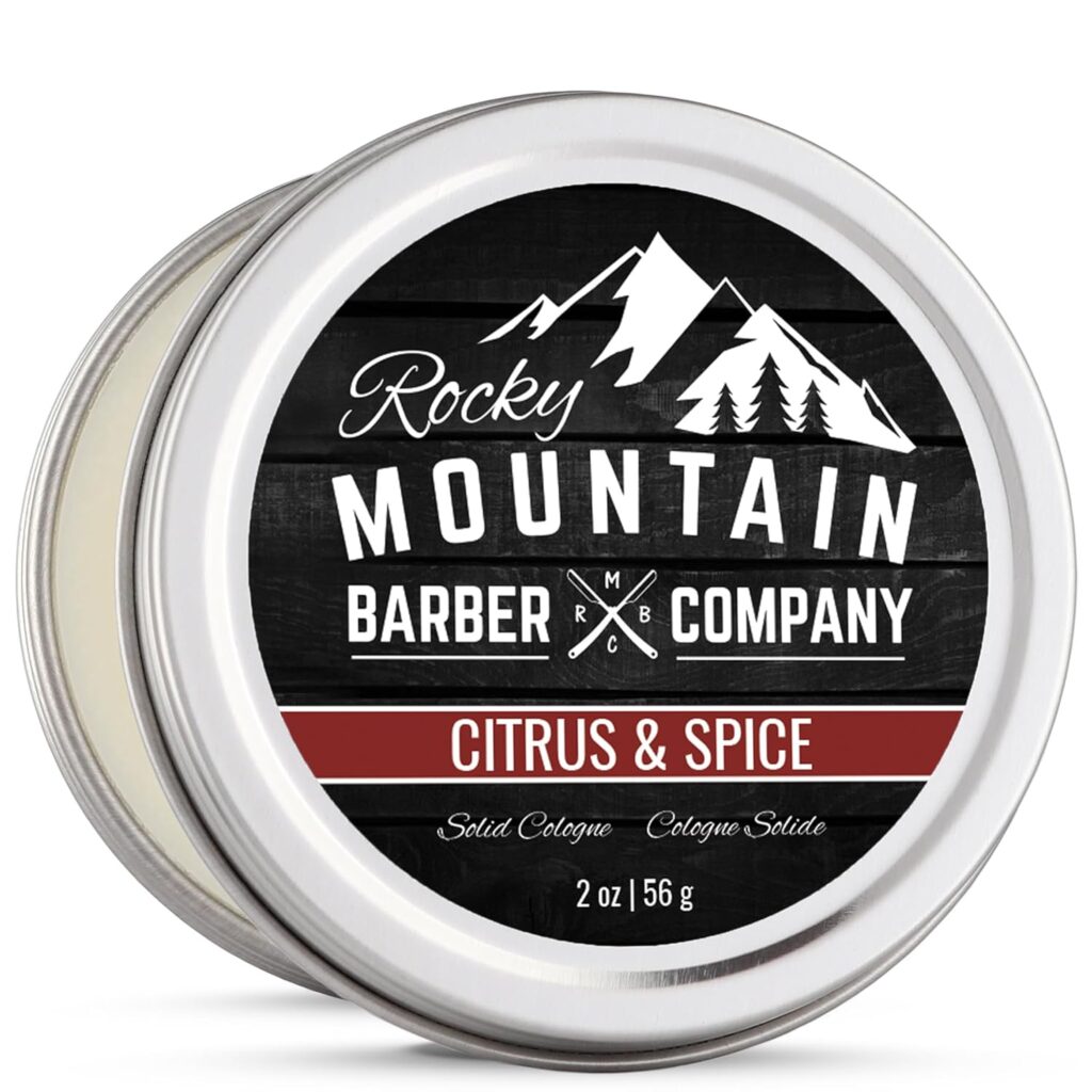 Rocky Mountain Barber Company Solid Cologne for Men – Citrus  Spice Scent – 2 Oz Size - Made with Coconut Oil, Shea Butter - Long-Lasting Scent