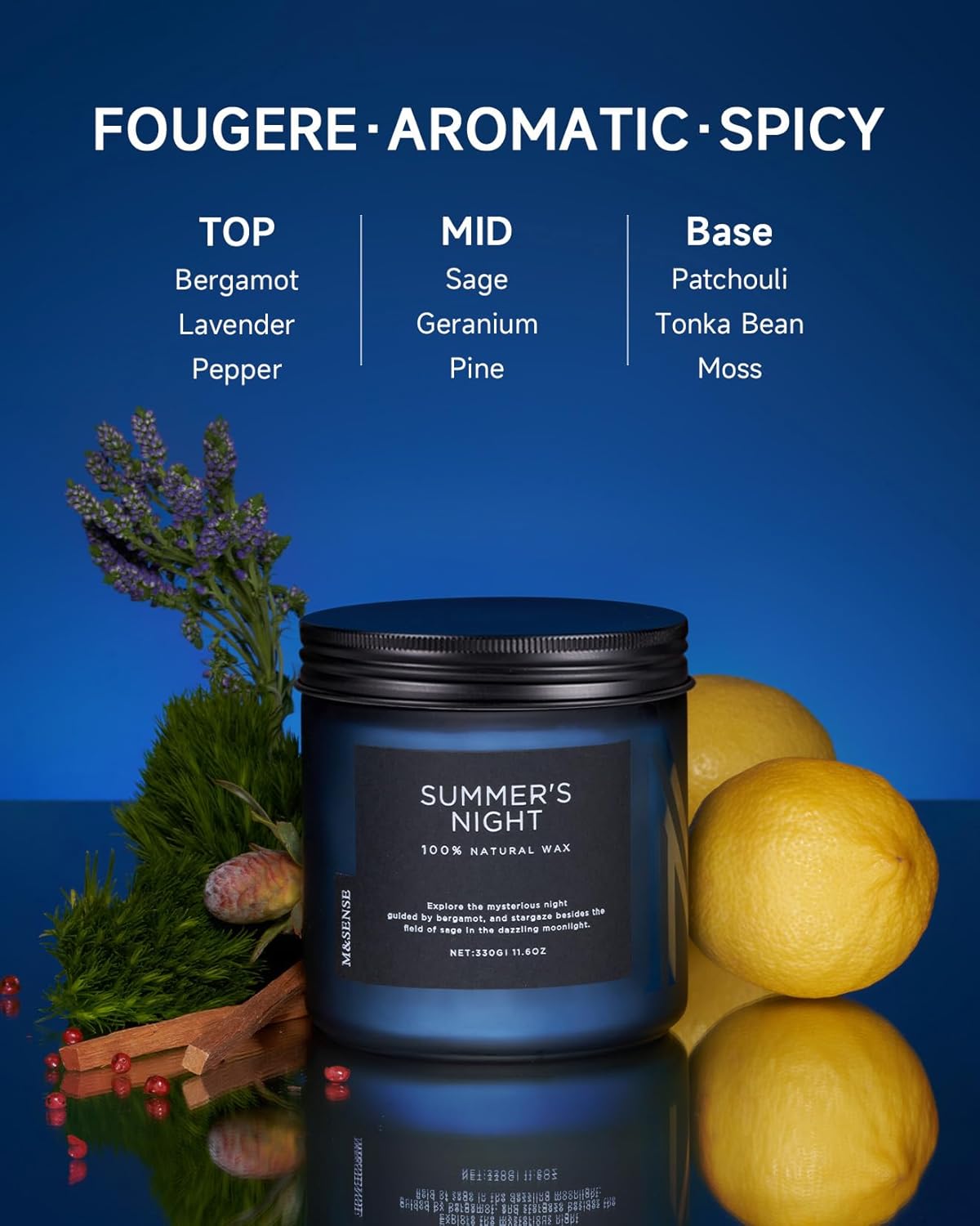 MSENSE Summers Night Scented Candle, 11.6oz Natural Soy Wax Clean Non Toxic for Home, Medium 2 Wick Gifts for Men, Up to 70 Hours Burn time, Manly Candles for Bedroom