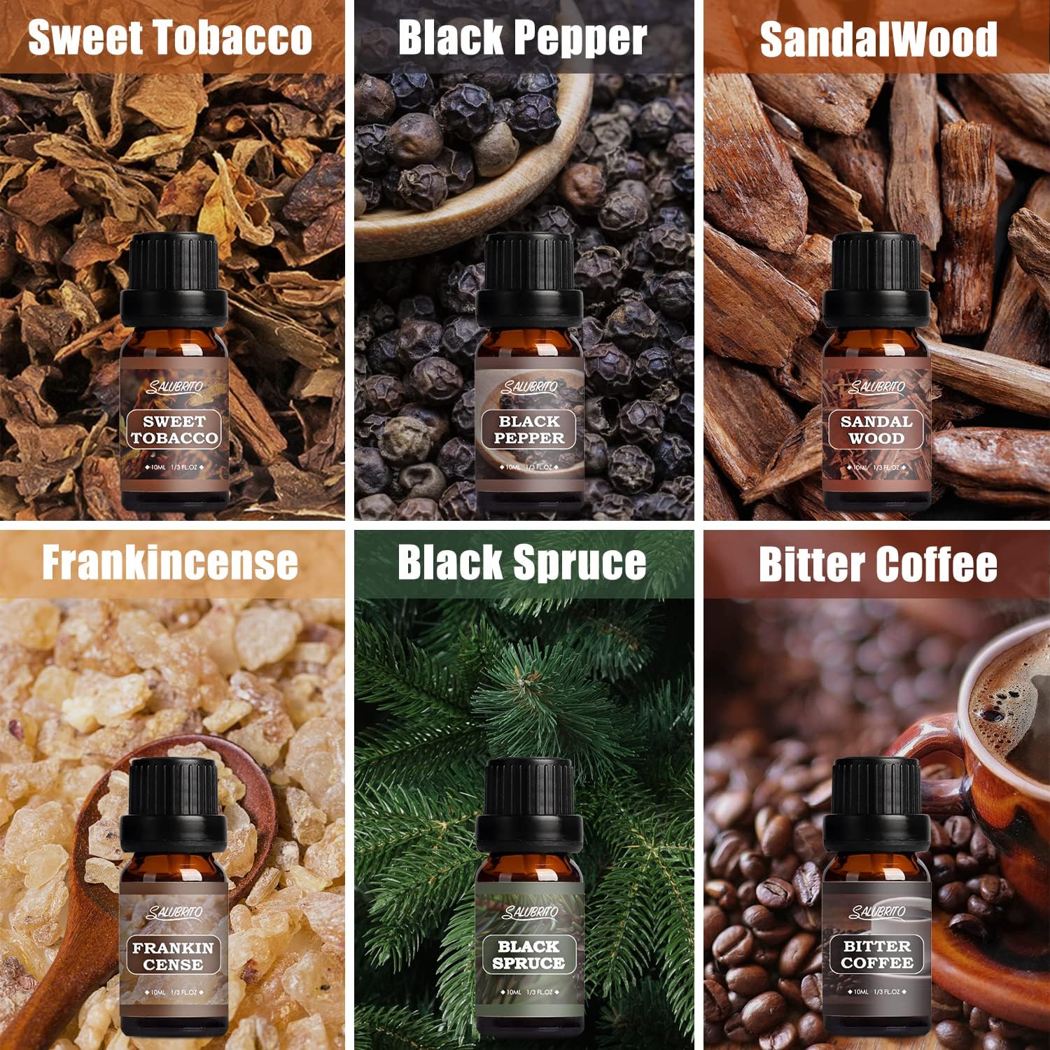 SALUBRITO Gentlement Fragrance Oils Set, Wood Essential Oils Set for Diffuser, Candle, Soap Making, Strong Scented Oil, Sandalwood, Frankincense and More