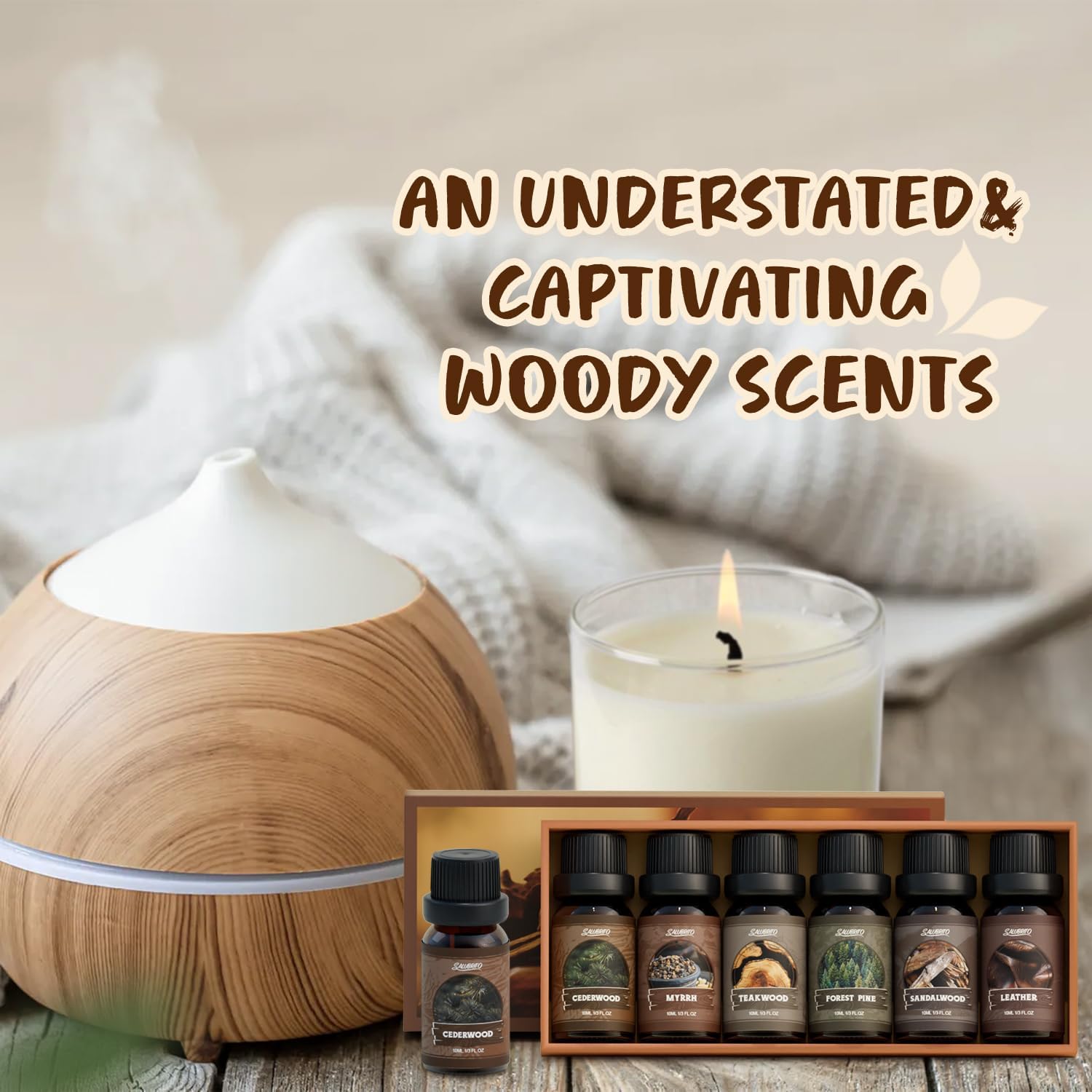 SALUBRITO Gentlement Fragrance Oils Set, Wood Essential Oils Set for Diffuser, Candle, Soap Making, Strong Scented Oil, Sandalwood, Frankincense and More