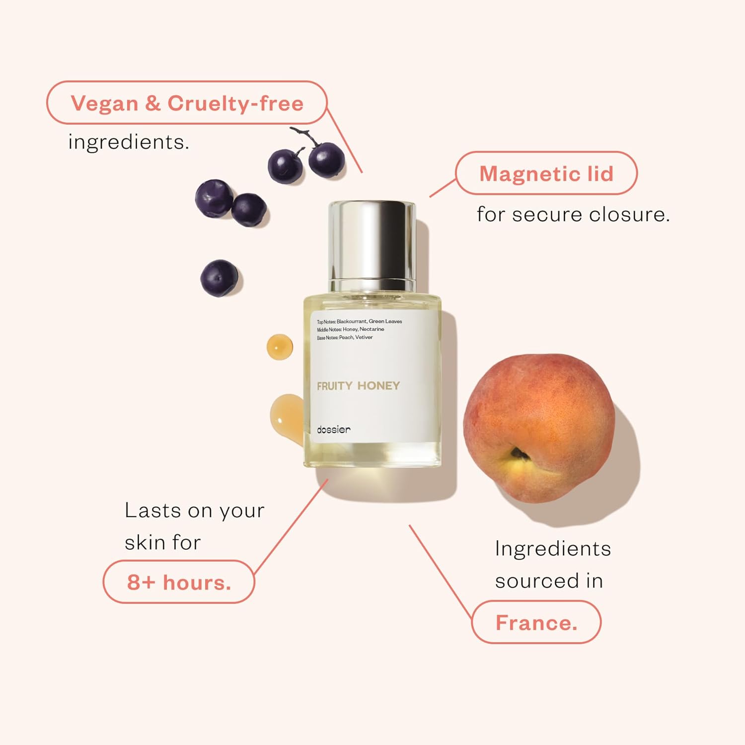 Dossier - Fruity Honey - Eau de Parfum - Inspired by J.Malones Nectarine Blossom  Honey - Perfume Luxury - Pure Infused - Paraben-Free - Vegan - For Women Men Unisex - Fragrance 1.7 oz (Spray 50ml)